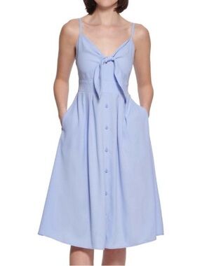 Kensie Baby Blue Smocked Tie Front Bow A Line Maxi Dress Plus NWT AA